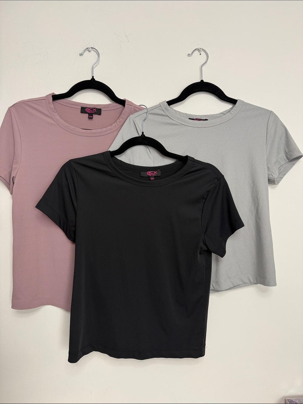 Women's Short-Sleeve Ribbed Crewneck Tee — Black, Dusty Pink, Light Gray